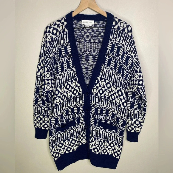 Vintage Navy Blue White Wool Blend Cardigan Sweater Size Large OUTLANDER - Picture 1 of 14